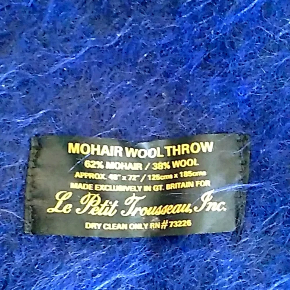 MOHAIR NAVY THROW BLANKET w/Fringe Nice Vintage CONDITION